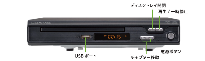 GREEN HOUSE DVDプレーヤー GH-DVP1M-BK(前面)