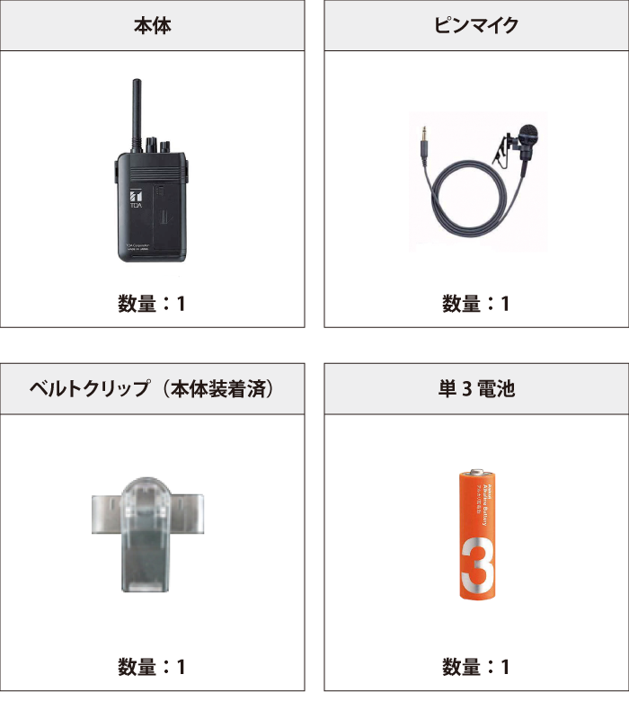 TOA ワイヤレスガイド送信機 付属品の一覧