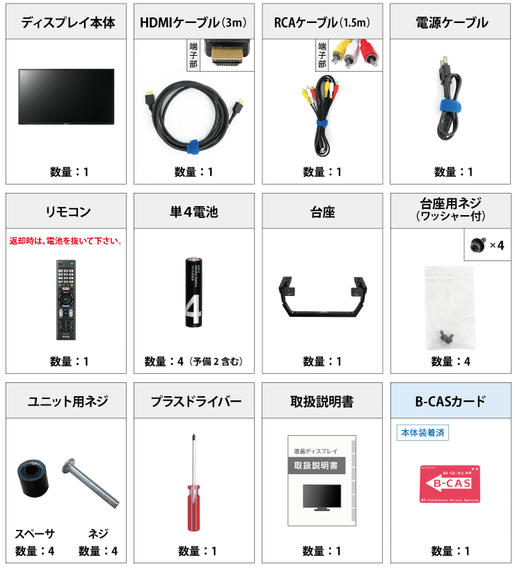 32型フルHD液晶モニター 付属品の一覧