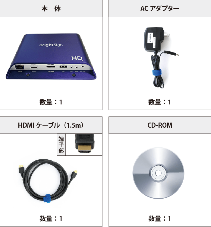 Bright Sign サイネージプレイヤー HD1024 付属品の一覧