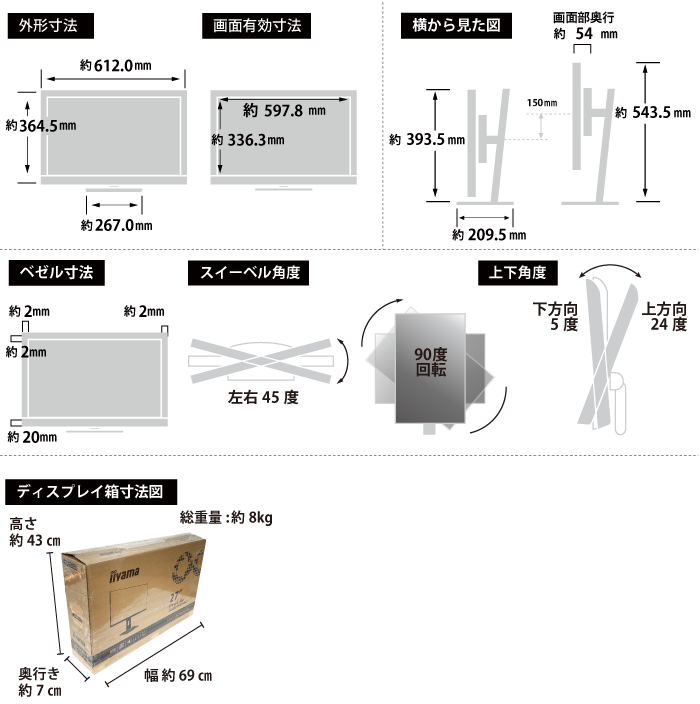 iiyama 27型ワイド LED PC液晶モニター XUB2792HSU-B5 サイズ