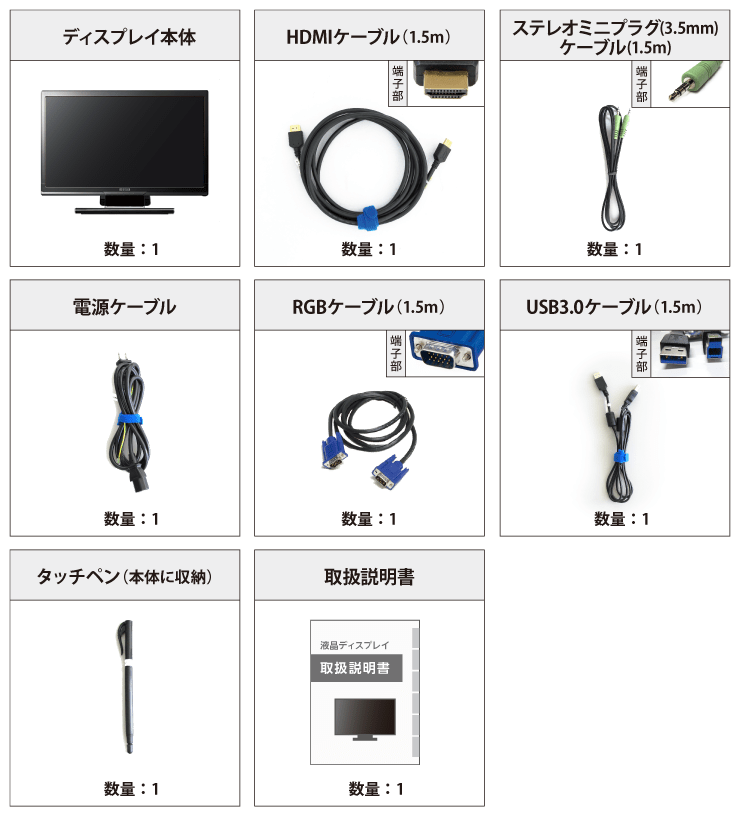 アイオーデータ 21.5型 タッチパネルモニターLCD-MF223FBR-T（対応OS：Windows 8以上） 付属品の一覧