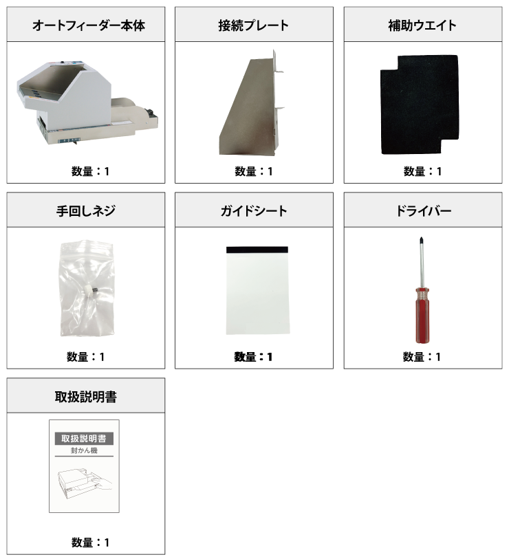 長形3号・角形8号封かん機用オートフィーダ マックス EF-AF100N 付属品の一覧