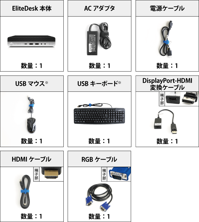 HP EliteDesk 800 G4 (i5/SSDモデル) キーボード・マウスセット 付属品の一覧