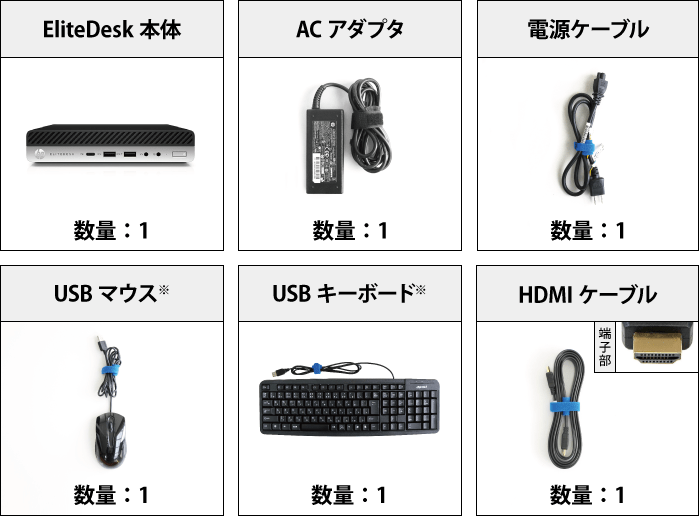 HP EliteDesk 800 G4 （i7/SSDモデル）キーボード・マウスセット 付属品の一覧